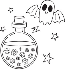 Kawaii Halloween Ghost Potion Bottle Coloring Book – Cute Witchy Ghost Line Art for Kids and Adults
