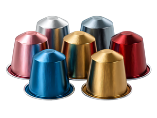 Set of colorful coffee capsules in a group isolated white background