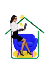 Template sketch image composite artwork collage of remote career indoors job freelancer online young woman sit armchair work hold laptop