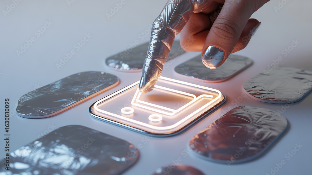 Aufkleber closeup of a finger touching a glowing circuit board with surrounding metallic components