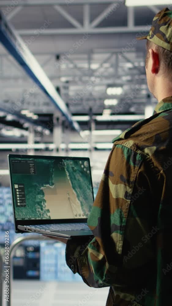 Aufkleber vertical video military data center expert using ballistic missiles radar on laptop to watch for ene