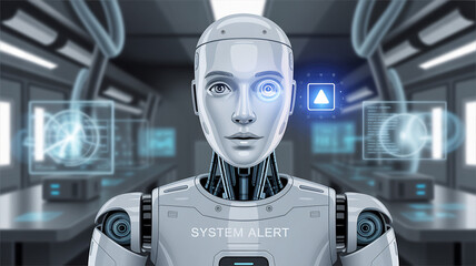 Advanced humanoid robot with system alert displayed on its forehead in a futuristic laboratory setting