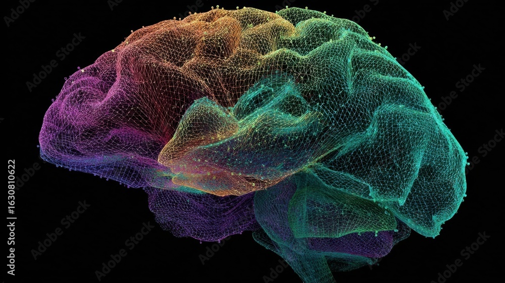 Poster visual representation of a brain showcasing neural connections in vibrant colors