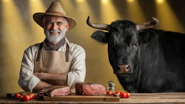 Traditioneller Landwirt mit Rind und frisch gebratenem Rinderfilet-Steak auf rustikalem Holztisch. K&uuml;nstliche Intelligenz KI
