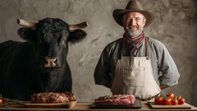 Traditioneller Landwirt mit Rind und frisch gebratenem Rinderfilet-Steak auf rustikalem Holztisch. K&uuml;nstliche Intelligenz KI
