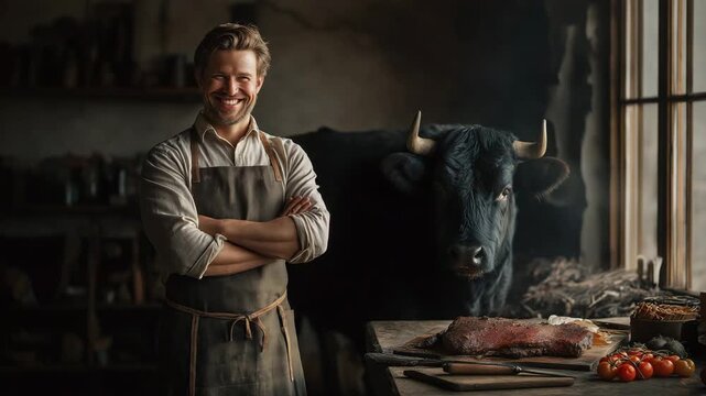 Traditioneller Landwirt mit Rind und frisch gebratenem Rinderfilet-Steak auf rustikalem Holztisch. K&uuml;nstliche Intelligenz KI