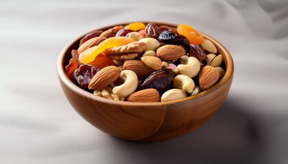 wooden bowl filled with variety of nuts and dried fruits including almonds cashews hazelnuts and dried dates creates healthy and nutritious snack option this colorful mix is perfect