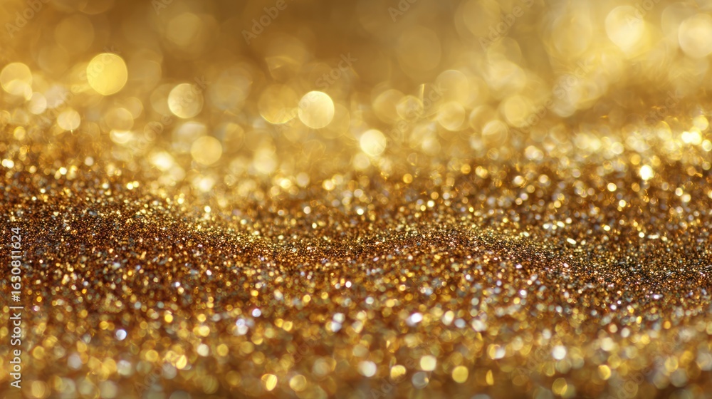 Poster sparkling gold glitter strewn to create a bokeh effect on a blurry background