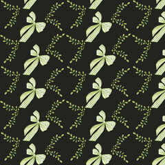 Delicate green print of watercolor striped bows and green branches. 