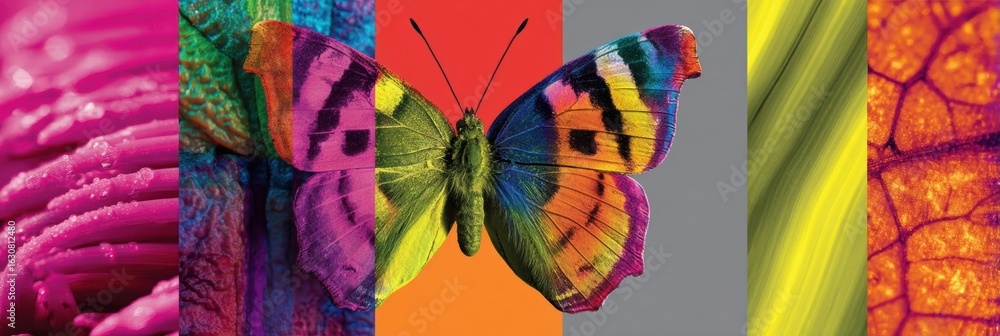 Poster colorful butterfly showcases vibrant hues against a backdrop of natures textures in an artistic disp