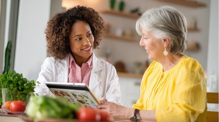 Friendly dietitian engages a patient with interactive meal plan visuals on a tablet providing expert nutrition guidance in a warm welllit counseling space.