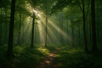 Fototapeta premium Serene nature sanctuary with filtered sunlight and peaceful woodland atmosphere