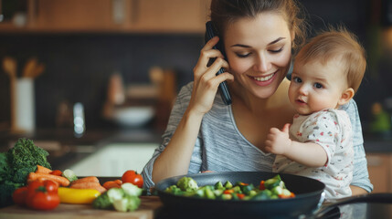 young woman with baby in her arms talking on phone, working and cooking in kitchen at the same time, working mother, maternity leave, multitasking, mom and child, businesswoman