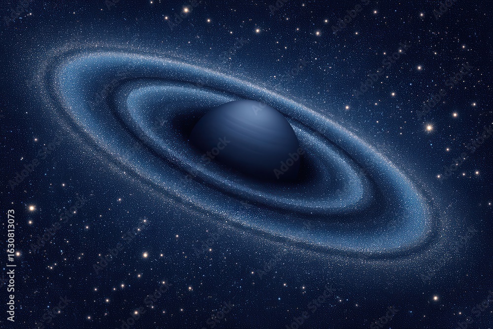 Poster engaging cosmic scene of a mysterious blue planet surrounded by shimmering rings and scattered stars