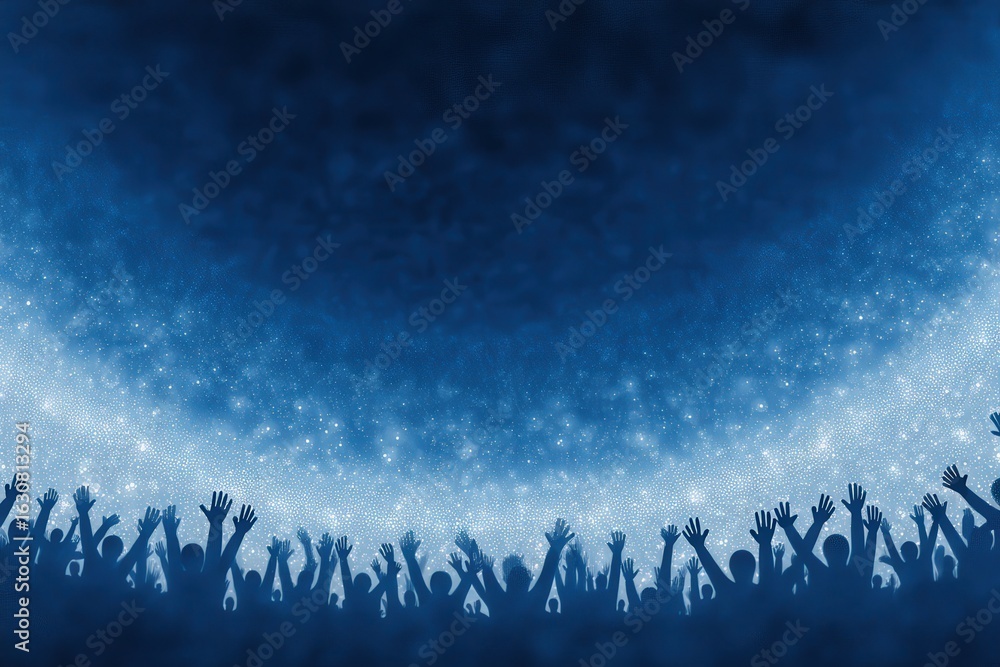 Poster crowd of ecstatic fans celebrating under a starlit atmosphere with hands raised expressing joy and e