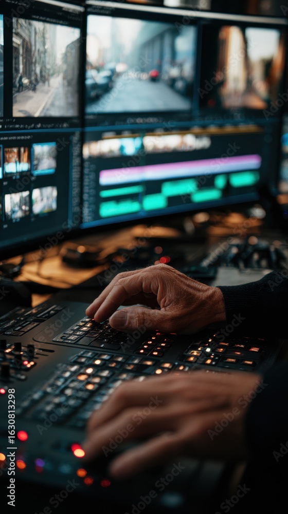 Aufkleber side angle shot of a film editor using keyboard shortcuts and a jog wheel to seamlessly edit video c