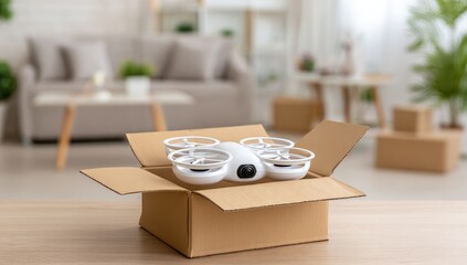 White drone in open cardboard box on table in living room