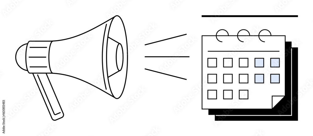 Poster loudspeaker amplifies message towards a marked spiral-bound calendar representing scheduling, planni
