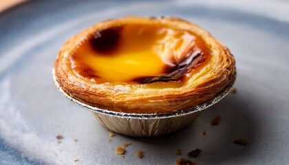 close up of a half eaten pastel de nata also known as a portuguese egg tart it s a pastry with a flaky crust and creamy custard like filling the top appears slightly browned or caramelized