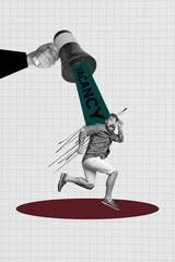 Poster abstract collage of person run under screaming megaphone vacancy over white background