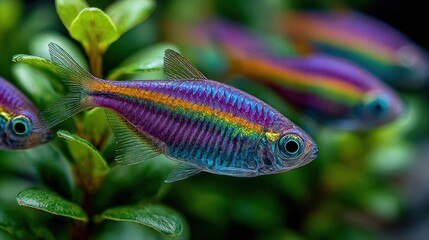 Vibrant, colorful fish amongst lush greenery