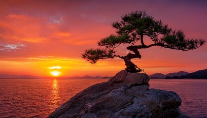 bonsai tree on rock red sunset