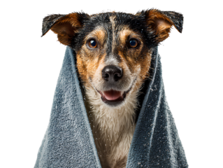 Wet dog wrapped in towel shaking off water white background