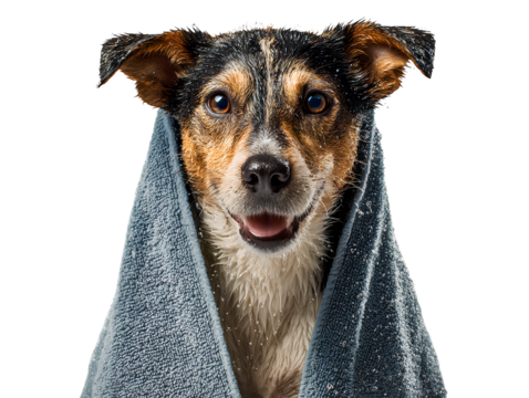 Wet dog wrapped in towel shaking off water white background