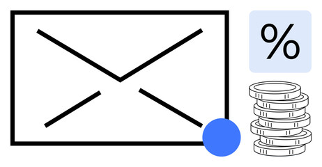 Envelope graphic with a blue dot, percentage sign, and coin stack represents communication, marketing, finance, and discounts. Ideal for business, digital economy, e-commerce savings communication