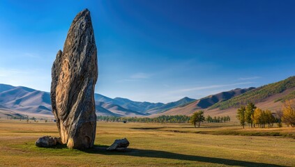 Tall, weathered rock in a vast, autumnal plain