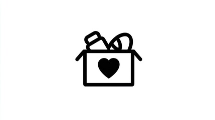 Line drawing of a box filled with items, adorned with a heart symbol in the center