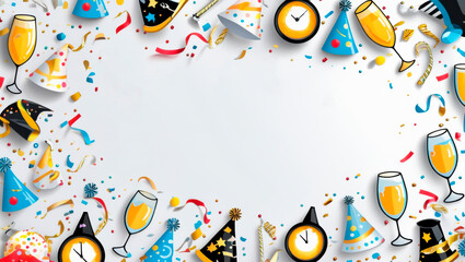 Obraz premium New Year Celebration Festive Layout with Party Hats and Confetti Background