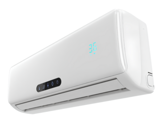  White wall-mounted AC unit angled view transparent background