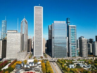 Autumn city park landscape. Cityscape with fall city park. Chicago cityscape skyline architecture. Skyscraper and landscape. Chicago cityscape. Skyscraper view. Chicago downtown city park and skyline
