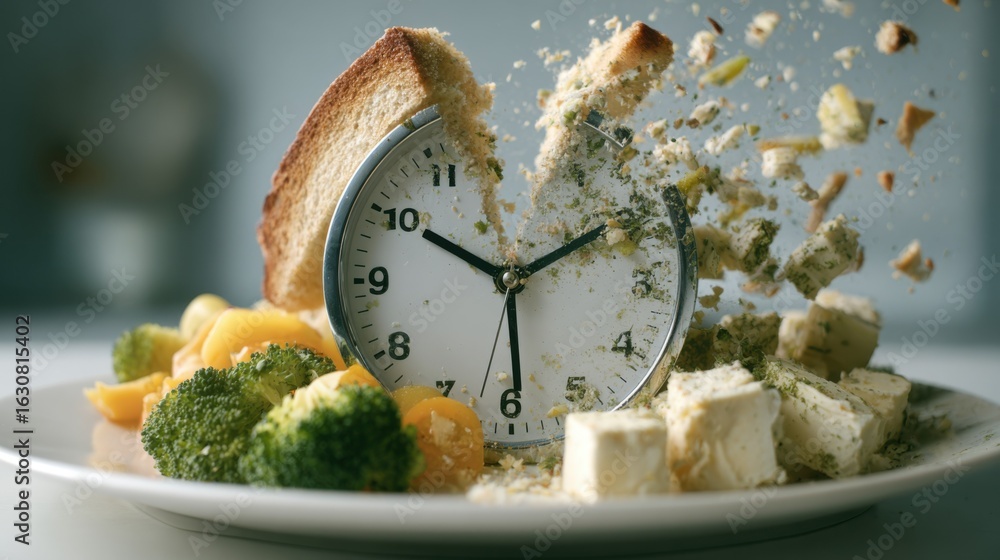 Poster sharp medium shot of a plate clock fragmenting into two large meal sections against a smooth outoffo