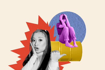 Trendy art creative full zine photo collage of sad depressed girl sit barrel bankruptcy astonished...
