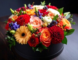 Colorful flower arrangement in a dark box