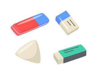 Set of erasers of different color and shape isolated on white background. Colored eraser isolated on a white background