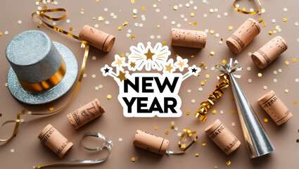 New Year's Eve Party Celebration Background With Champagne Corks and Confetti