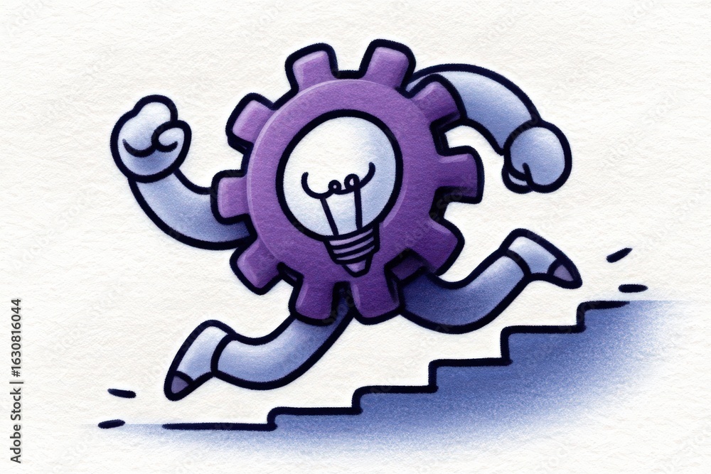 Aufkleber creative mascot representing innovation with a gear and lightbulb concept energetically sprinting up