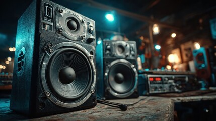 Fototapeta premium Vintage speakers on a dark surface, lit by blue light