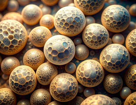Golden Spheres with Honeycomb Texture Holographic Pattern Abstract Arrangement
