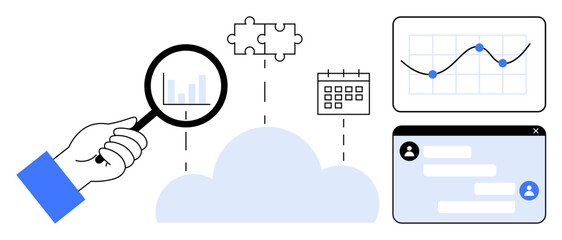 Hand holding magnifying glass over bar chart, connecting cloud to puzzle pieces, calendar, analytics, and chat panel. Ideal for teamwork, data analysis, cloud solutions, project management business