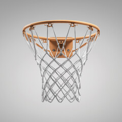 A 3D rendering of a basketball hoop with a white net, shot from below. The hoop is made of orange metal, and the net has a crisp, detailed weave. The background is simple, light gray, which highlights