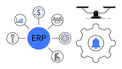ERP hub with icons for finance, tools, analytics, teamwork, production, and settings. Gear with alert icon and scale for balance. Ideal for management, automation workflow planning efficiency