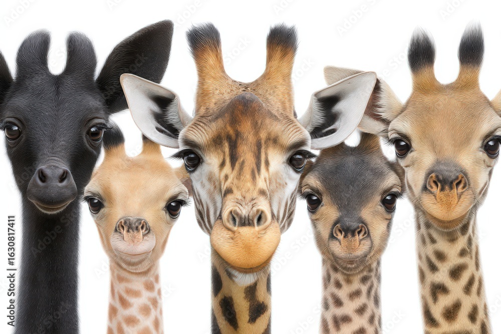 Poster family of giraffes displaying unity and intrigue captured in high-detail portrait illustrating indiv