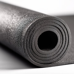 A close-up of a rolled-up black or dark gray yoga or fitness mat. The image shows the surface texture and layers of the material. Ideal for themes related to sports, meditation, workouts, health and w