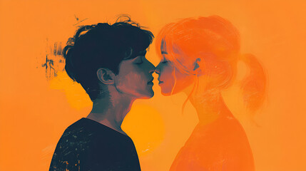 Illustration of a couple in love kissing, romance, family, passion, love.
