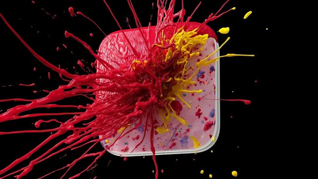 3D app icon splattered by dynamic red and yellow paint splash on black background