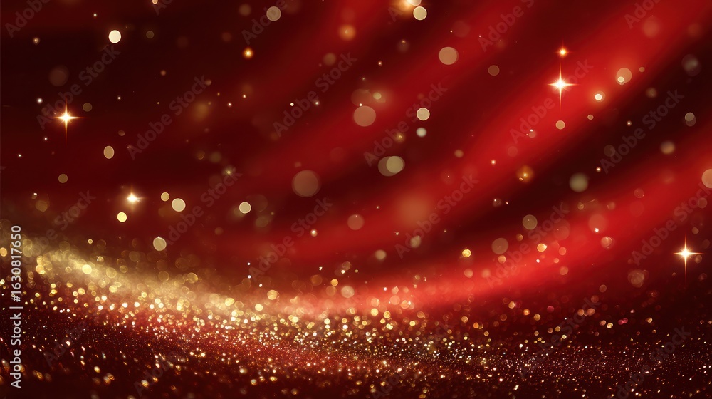 Poster red, shimmering abstract background with bokeh lights and swirling lines of energy